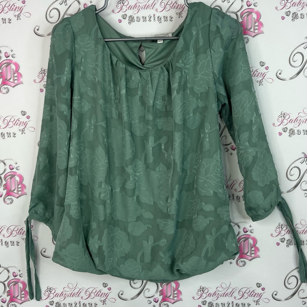 Blousology long sleeve 3D print floral ribbon ties Green Floral Women's Top